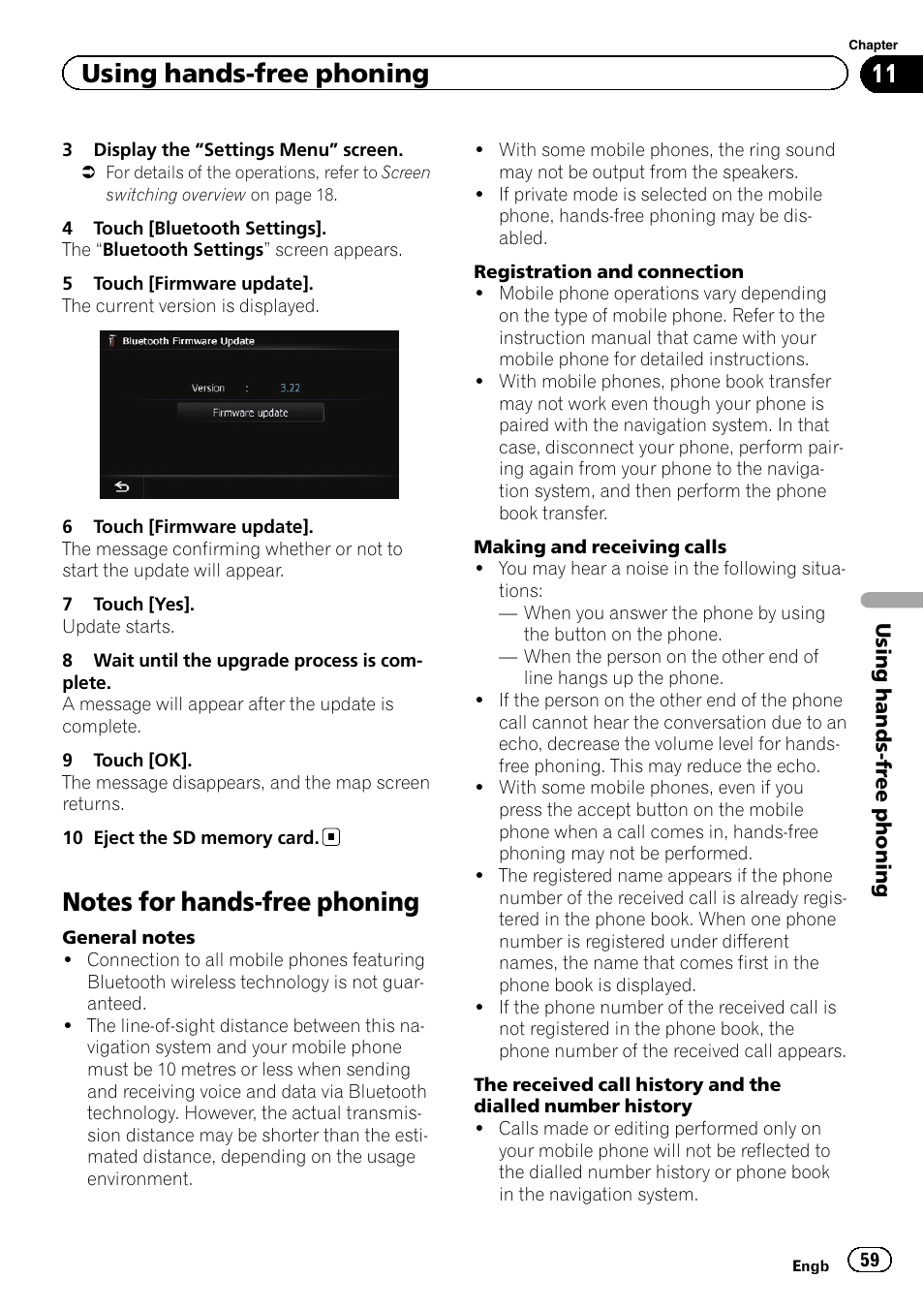 Notes for hands-free phoning, Notes for hands-free, Using hands-free phoning | Pioneer AVIC-F930BT User Manual | Page 59 / 192
