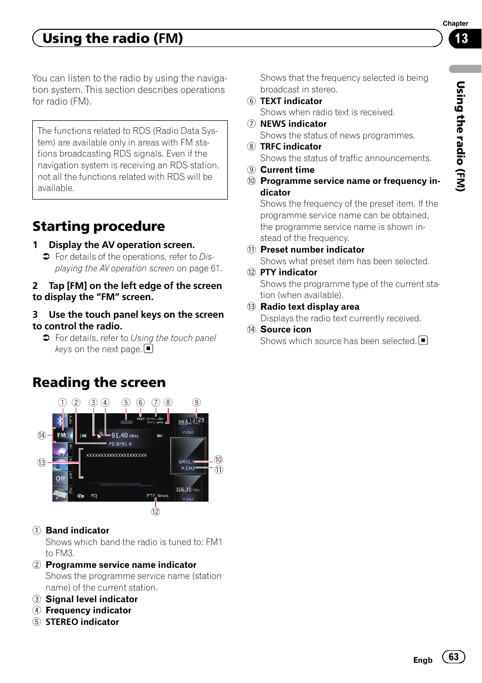 Using the radio (fm) starting procedure, Reading the screen, Starting procedure | Using the radio (fm) | Pioneer AVIC-F930BT User Manual | Page 63 / 192