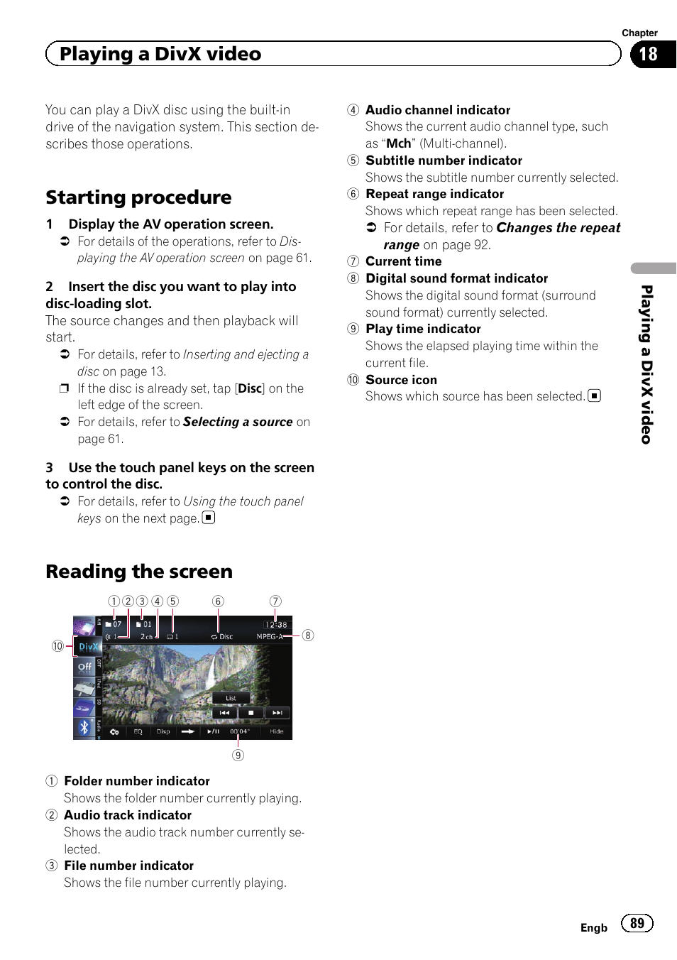 Playing a divx video starting procedure, Reading the screen, Starting procedure | Playing a divx video | Pioneer AVIC-F930BT User Manual | Page 89 / 192