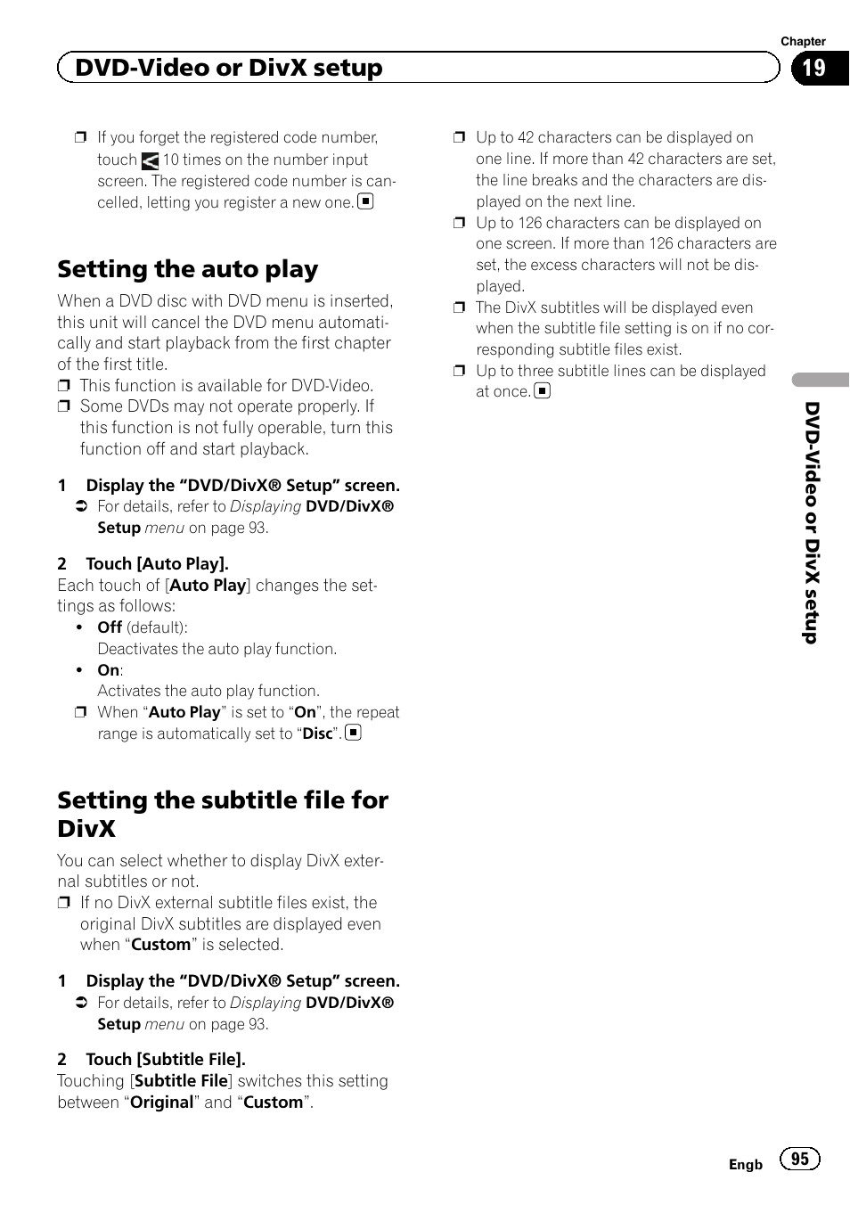 Setting the auto play, Setting the subtitle file for divx, Dvd-video or divx setup | Pioneer AVIC-F930BT User Manual | Page 95 / 192