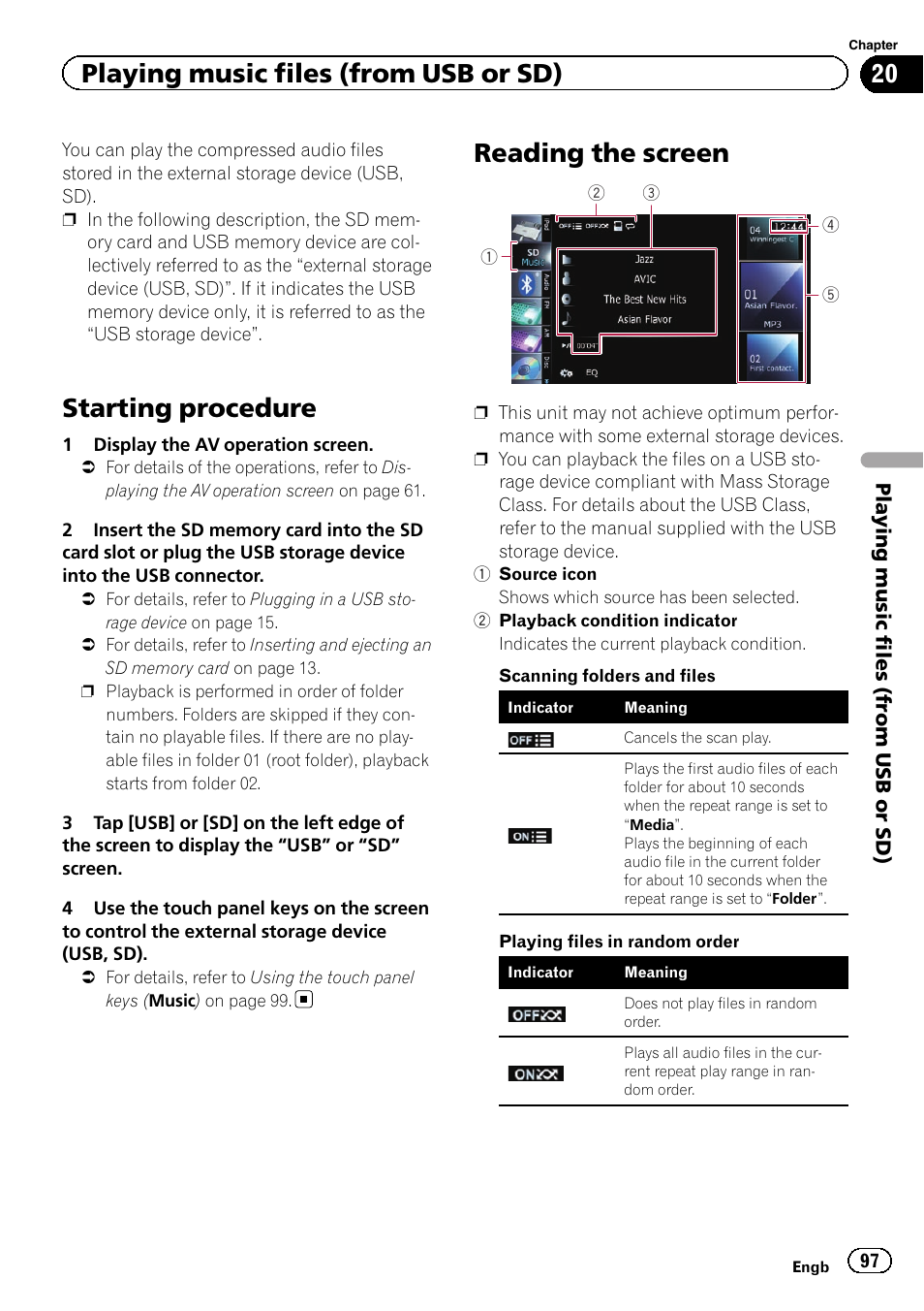 Reading the screen, Starting procedure, Playing music files (from usb or sd) | Pioneer AVIC-F930BT User Manual | Page 97 / 192