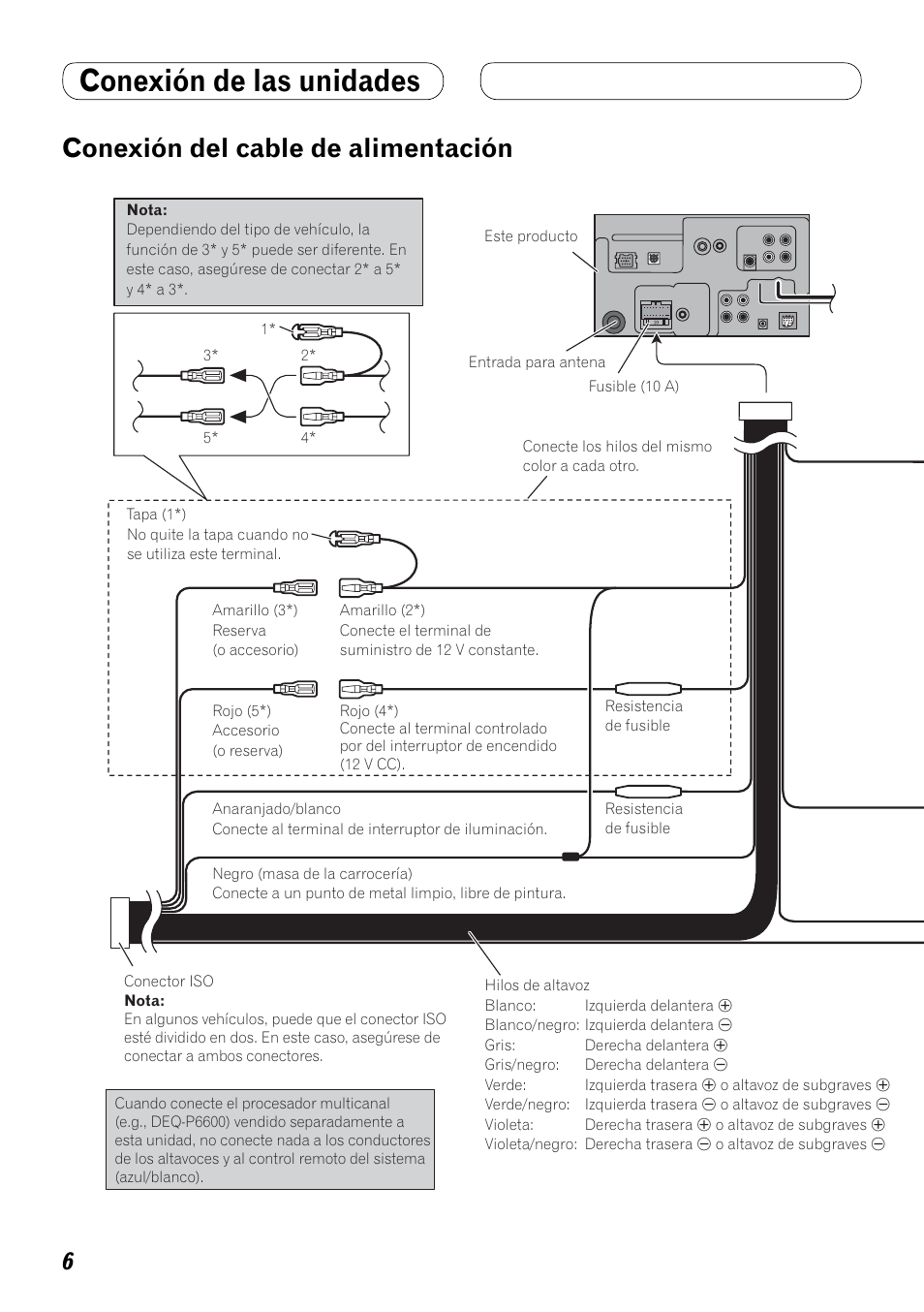 Conexión del cable de alimentación, Conexión de las unidades | Pioneer AVH-P4000DVD User Manual | Page 18 / 74