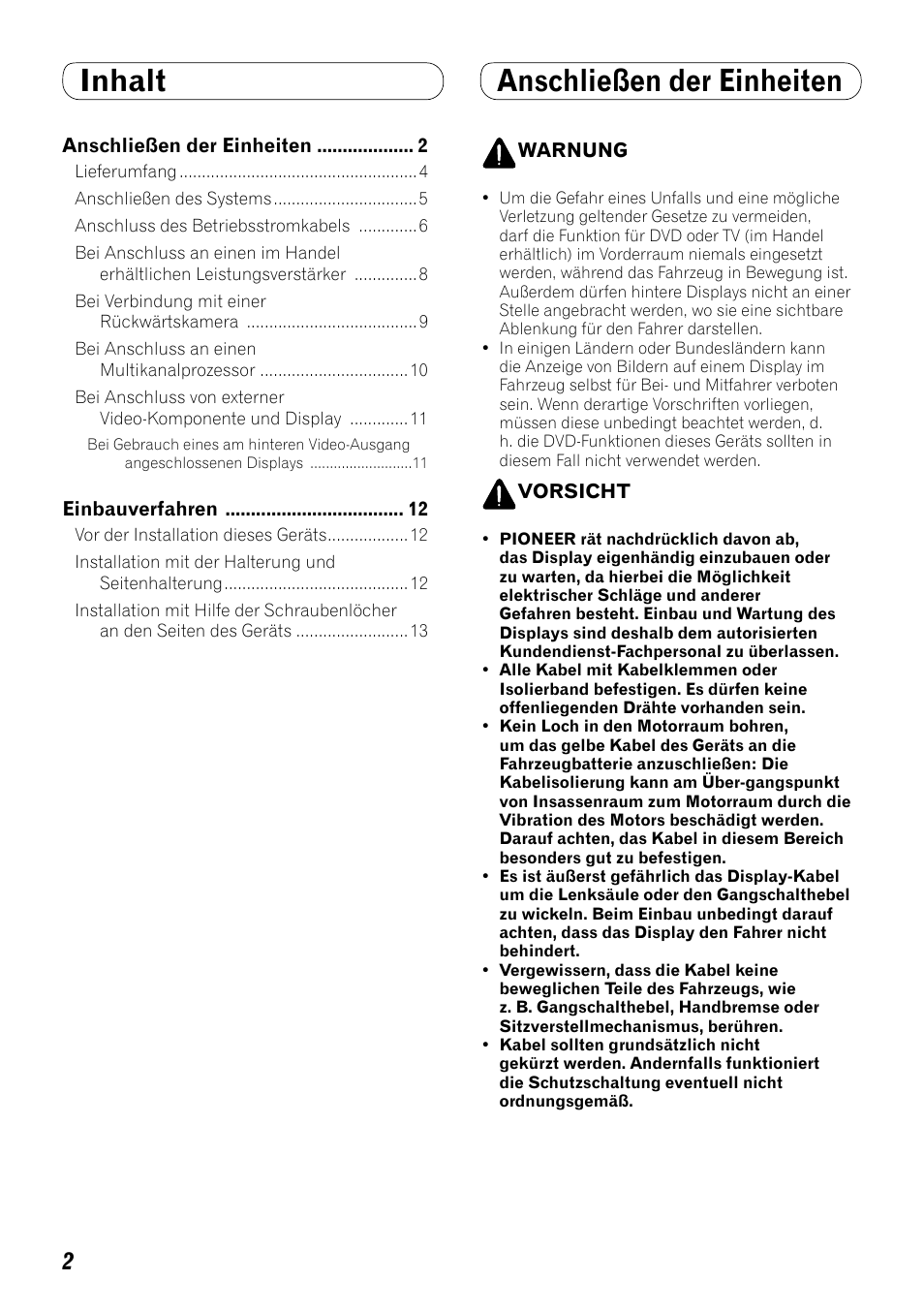Deutsch, Inhalt anschließen der einheiten | Pioneer AVH-P4000DVD User Manual | Page 26 / 74