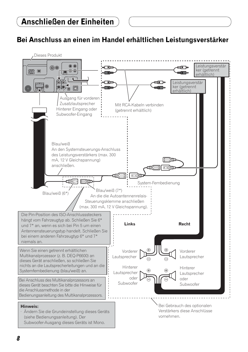 Bei anschluss an einen im handel, Erhältlichen leistungsverstärker, Anschließen der einheiten | Pioneer AVH-P4000DVD User Manual | Page 32 / 74