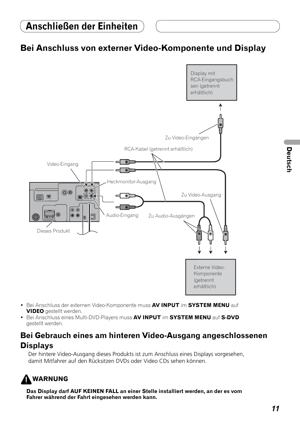 Bei anschluss von externer, Video-komponente und display, Bei gebrauch eines am hinteren video-ausgang | Angeschlossenen displays, Anschließen der einheiten | Pioneer AVH-P4000DVD User Manual | Page 35 / 74