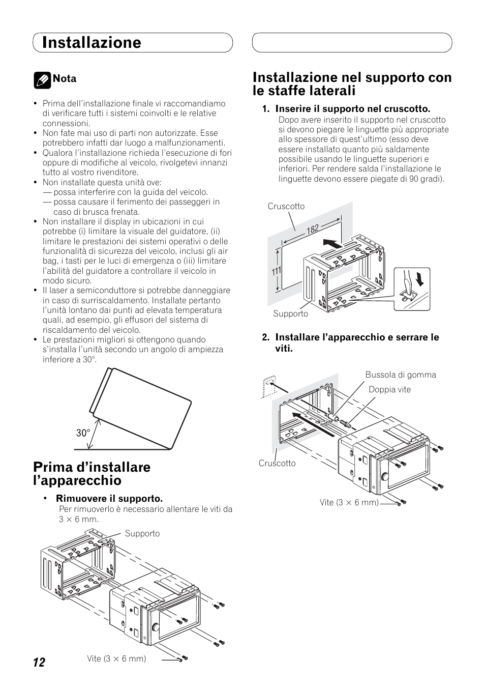 Installazione, Le staffe laterali, Prima d’installare l’apparecchio | Installazione nel supporto con le staffe laterali | Pioneer AVH-P4000DVD User Manual | Page 60 / 74