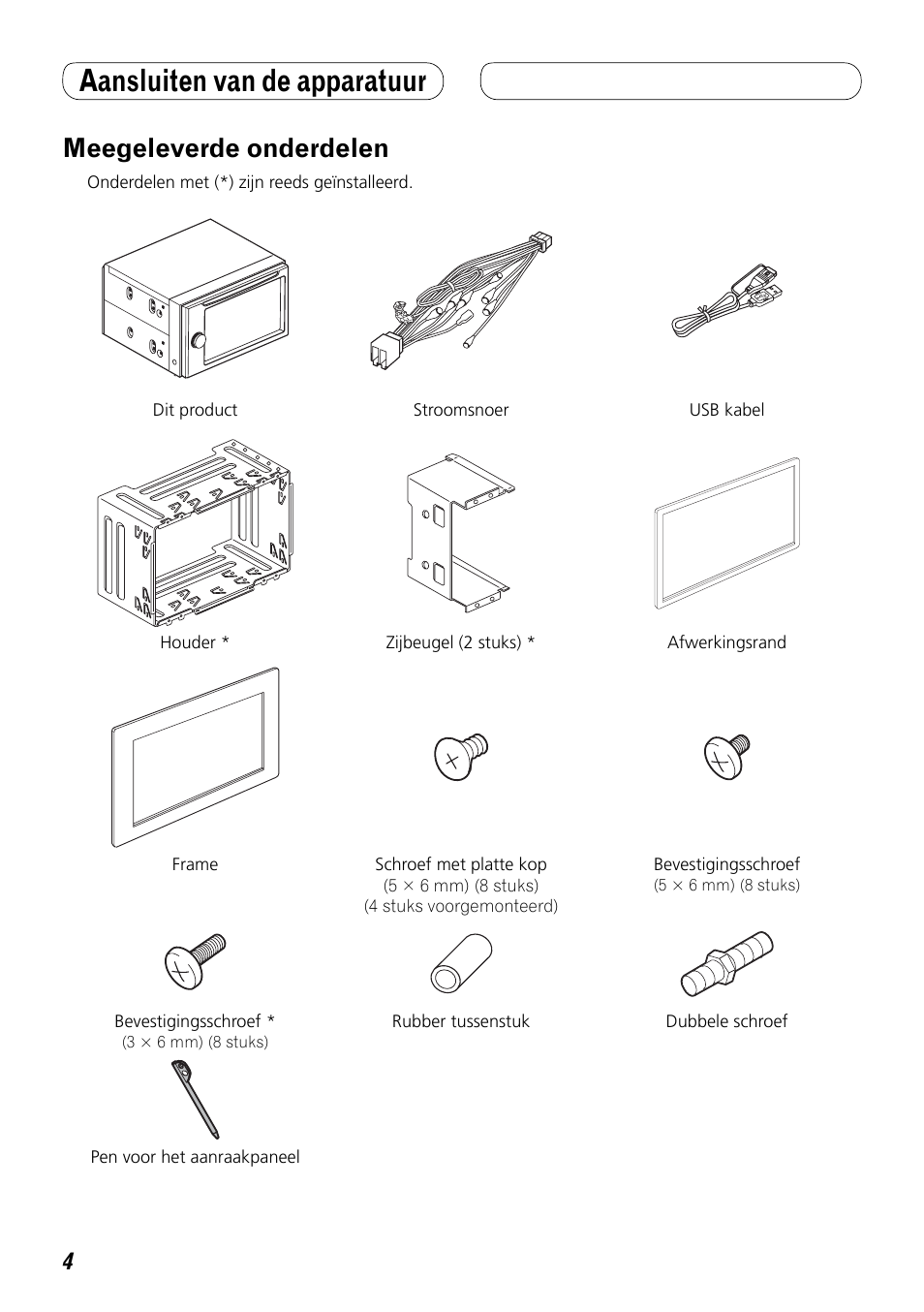 Meegeleverde onderdelen, Aansluiten van de apparatuur | Pioneer AVH-P4000DVD User Manual | Page 64 / 74