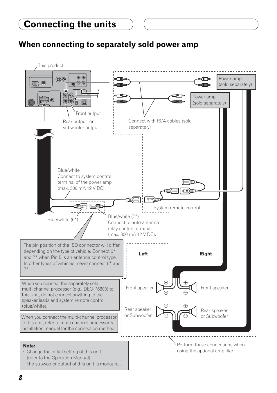 When connecting to, Separately sold power amp, Connecting the units | When connecting to separately sold power amp | Pioneer AVH-P4000DVD User Manual | Page 8 / 74