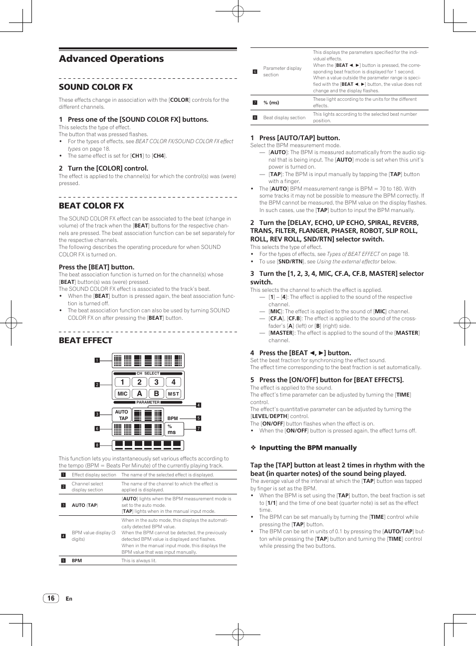 Advanced operations, Sound color fx, Beat color fx | Beat effect | Pioneer DJM-850-S User Manual | Page 16 / 84