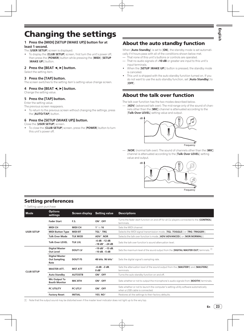 Changing the settings, About the auto standby function, About the talk over function | Setting preferences, English | Pioneer DJM-850-S User Manual | Page 23 / 84
