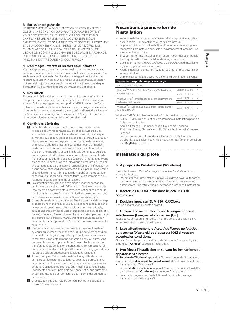 Précautions à prendre lors de l’installation, Installation du pilote | Pioneer DJM-850-S User Manual | Page 35 / 84