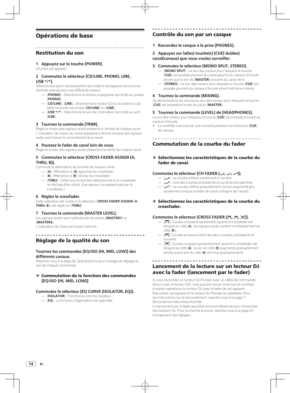 Opérations de base, Restitution du son, Réglage de la qualité du son | Contrôle du son par un casque, Commutation de la courbe du fader | Pioneer DJM-850-S User Manual | Page 40 / 84