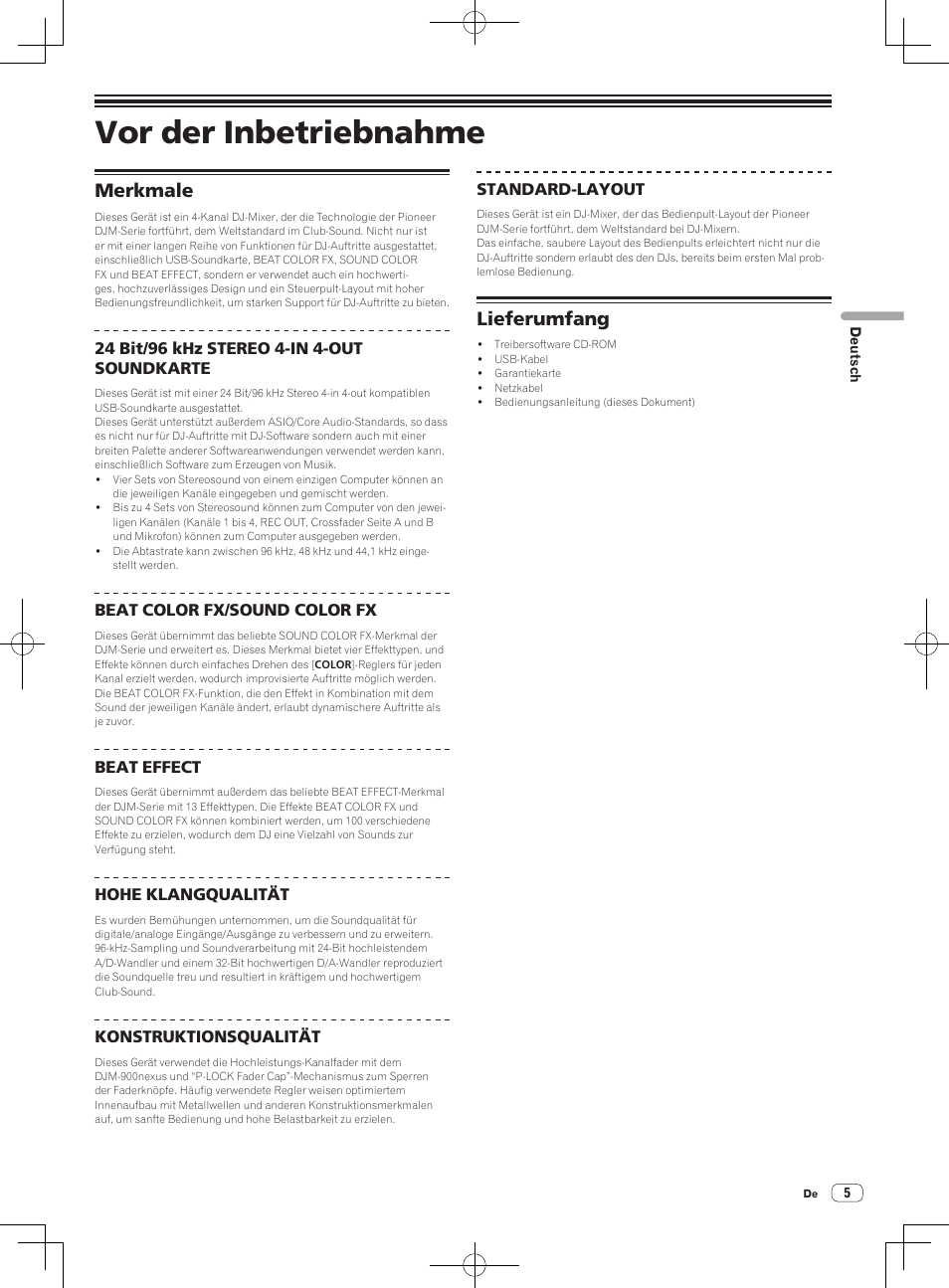 Merkmale lieferumfang, Vor der inbetriebnahme, Merkmale | Lieferumfang | Pioneer DJM-850-S User Manual | Page 59 / 84