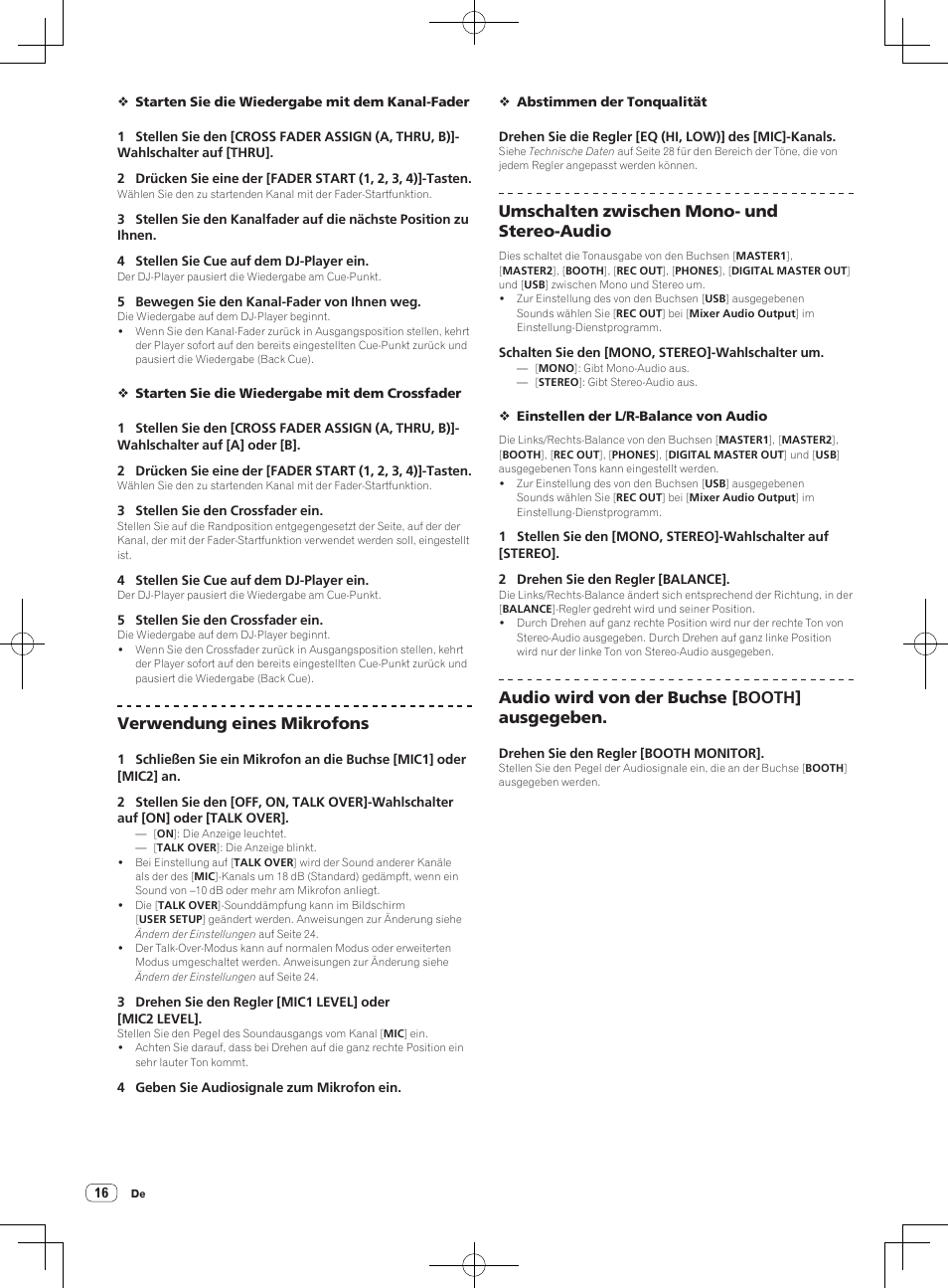 Verwendung eines mikrofons, Umschalten zwischen mono- und stereo-audio, Audio wird von der buchse [booth] ausgegeben | Pioneer DJM-850-S User Manual | Page 70 / 84