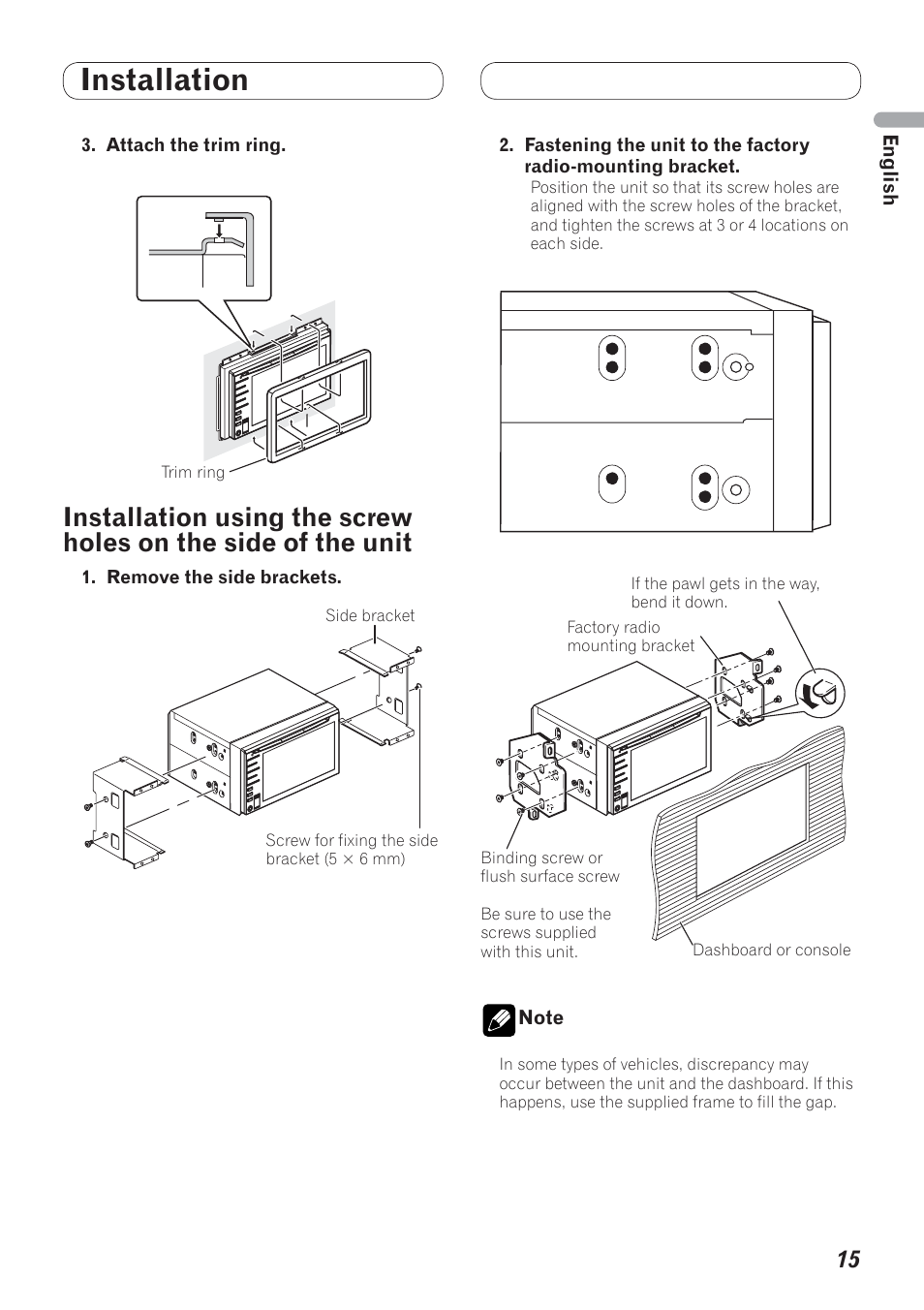 Installation using the screw holes, On the side of the unit, Installation | Pioneer AVH-P3100DVD User Manual | Page 15 / 86