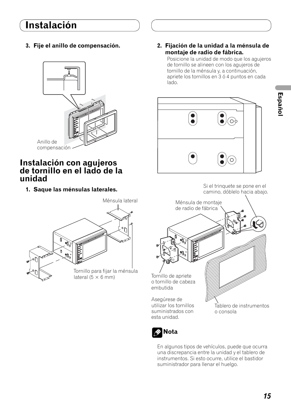 Instalación con agujeros de tornillo en, El lado de la unidad, Instalación | Pioneer AVH-P3100DVD User Manual | Page 29 / 86