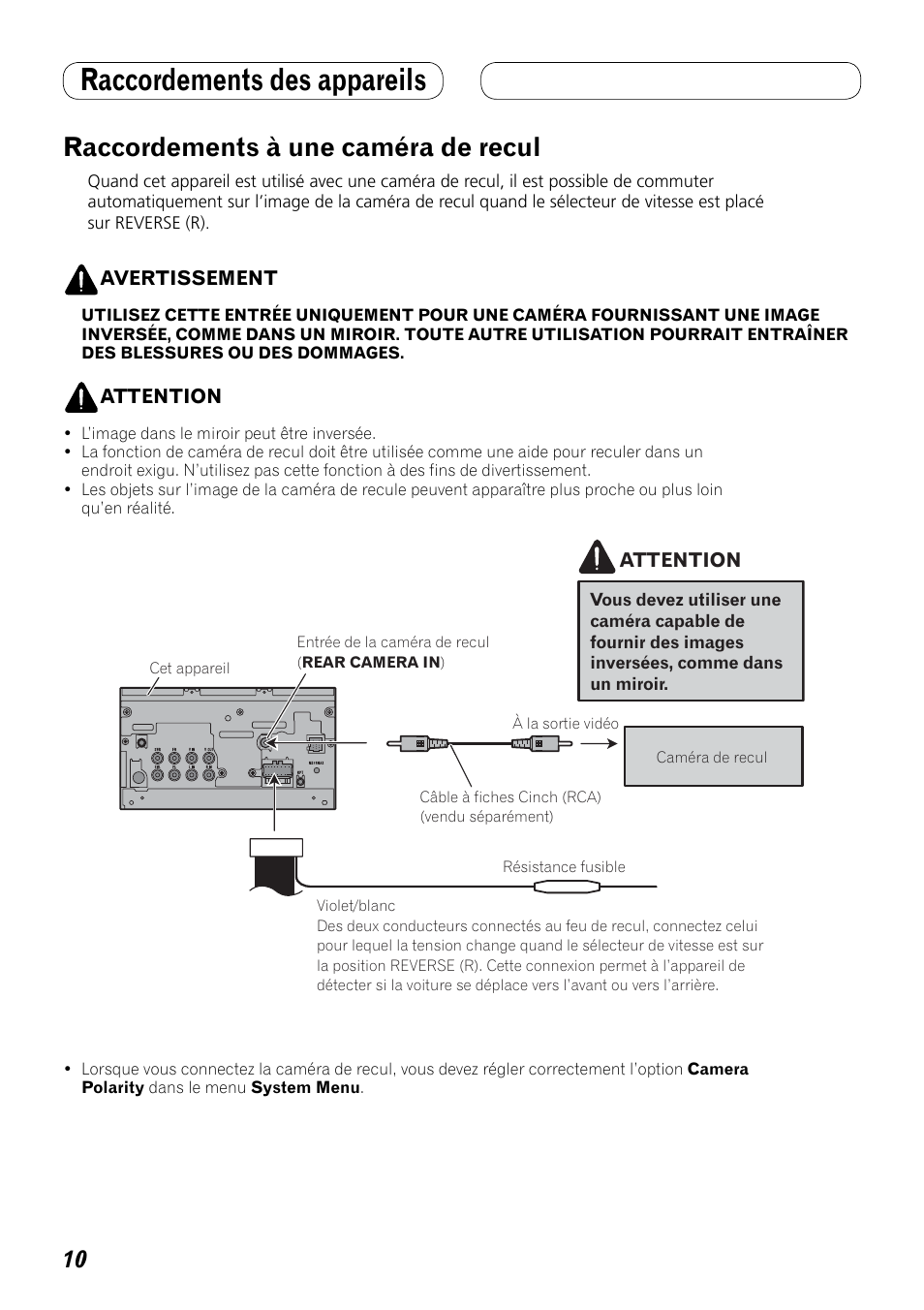 Raccordements à une caméra de recul, Raccordements des appareils | Pioneer AVH-P3100DVD User Manual | Page 52 / 86