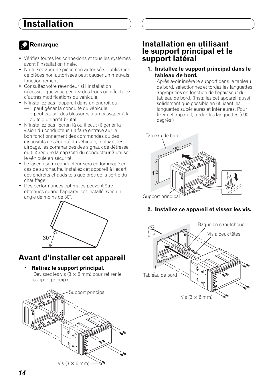 Installation, Et le support latéral, Avant d’installer cet appareil | Pioneer AVH-P3100DVD User Manual | Page 56 / 86