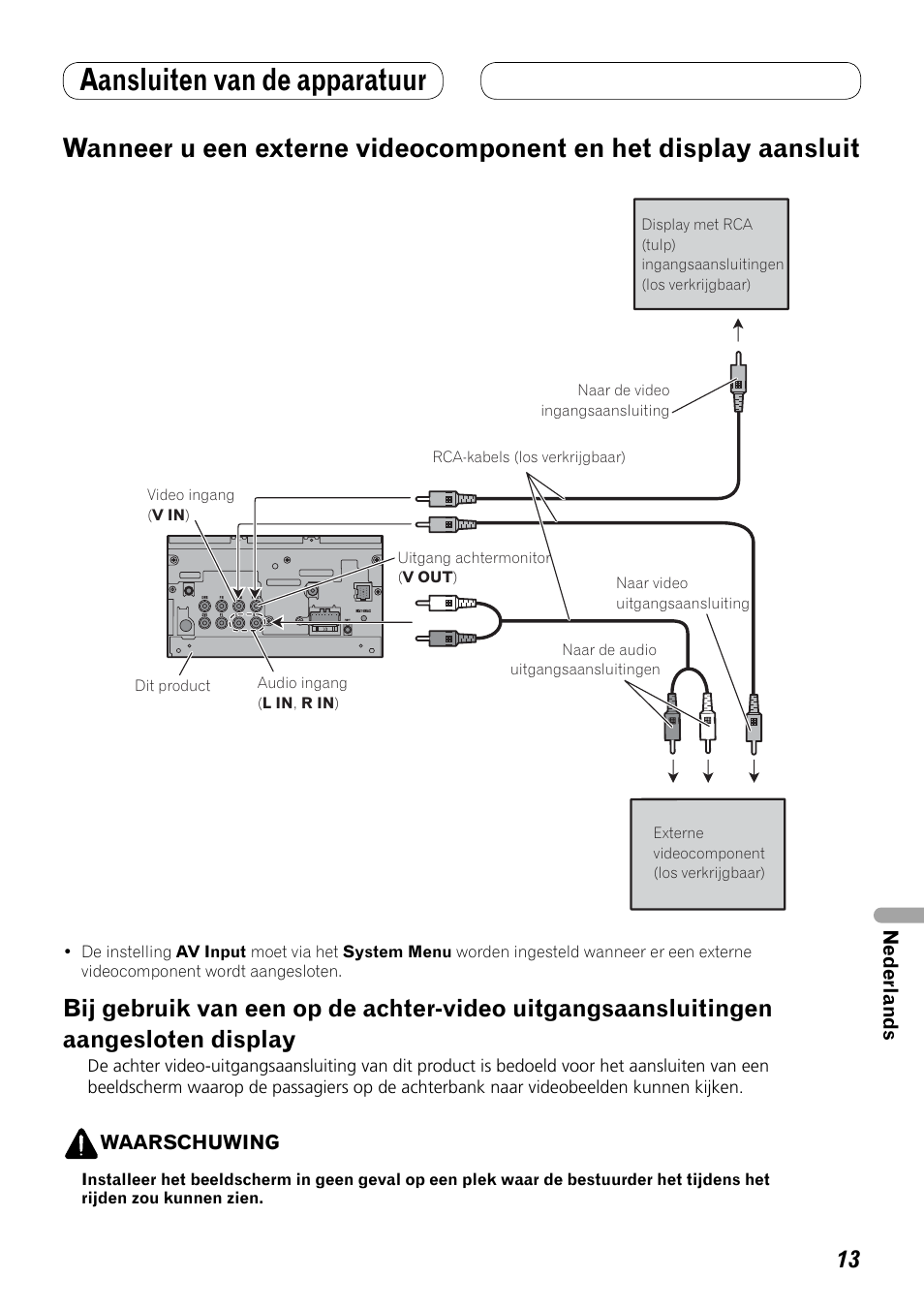 Wanneer u een externe videocomponent, En het display aansluit, Bij gebruik van een op de achter-video | Uitgangsaansluitingen aangesloten display, Aansluiten van de apparatuur | Pioneer AVH-P3100DVD User Manual | Page 83 / 86