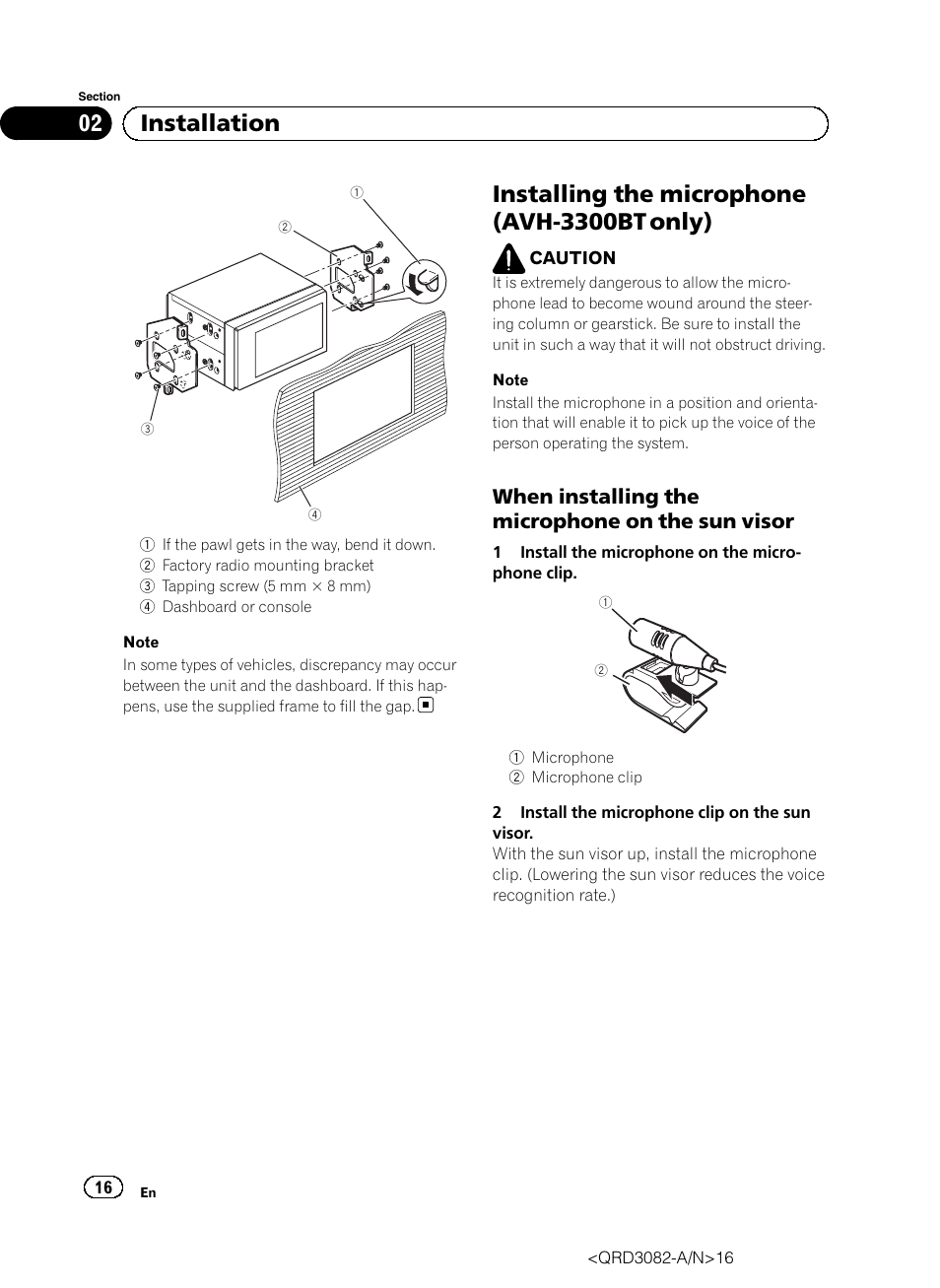 Installing the microphone (avh-3300bt only), 02 installation, When installing the microphone on the sun visor | Pioneer AVH P4300DVD User Manual | Page 16 / 100