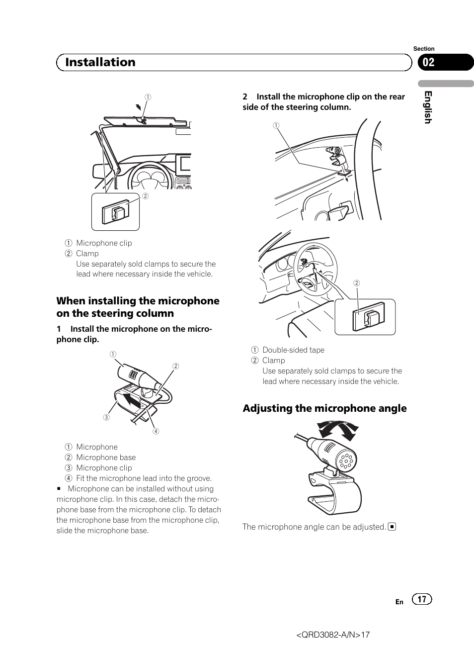 02 installation, Adjusting the microphone angle | Pioneer AVH P4300DVD User Manual | Page 17 / 100