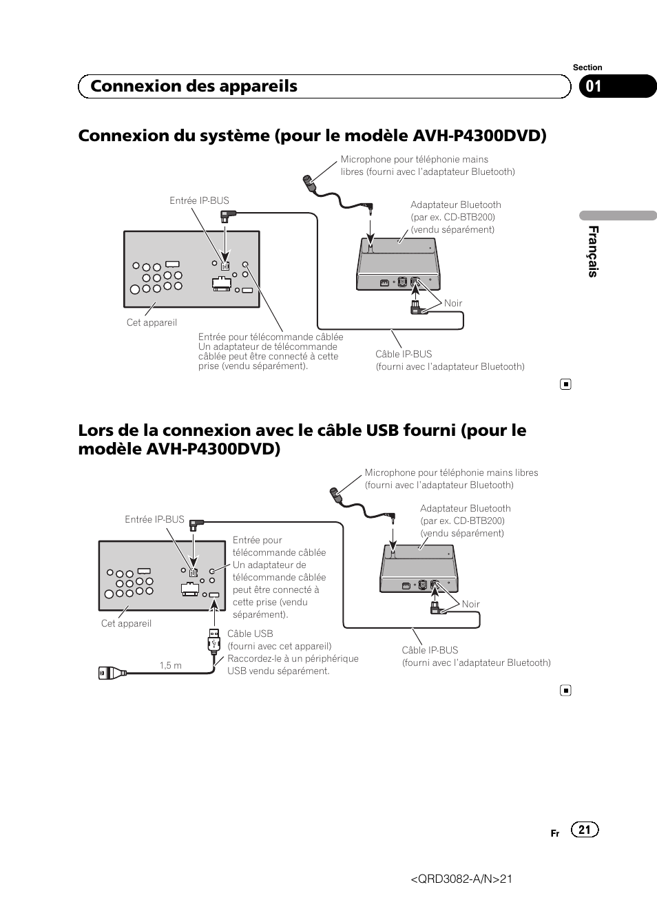 Connexion du système (pour le modèle avh-p4300dvd), 01 connexion des appareils | Pioneer AVH P4300DVD User Manual | Page 21 / 100