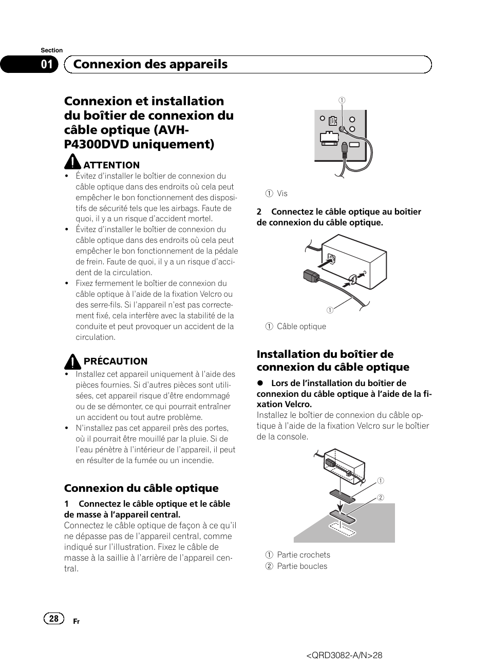 01 connexion des appareils, Connexion du câble optique | Pioneer AVH P4300DVD User Manual | Page 28 / 100