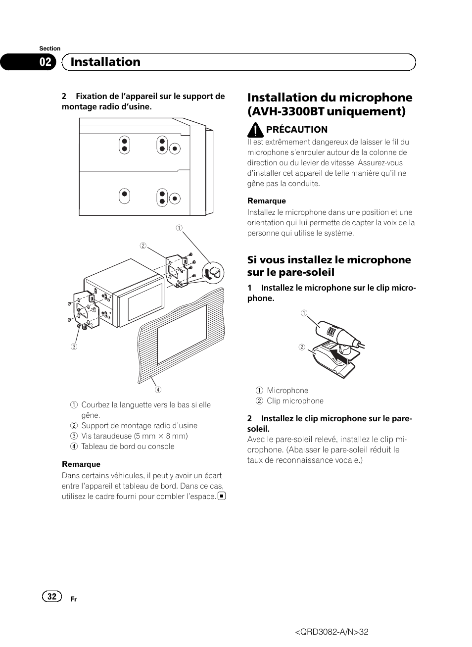 Installation du microphone (avh-3300bt uniquement), 02 installation, Si vous installez le microphone sur le pare-soleil | Pioneer AVH P4300DVD User Manual | Page 32 / 100