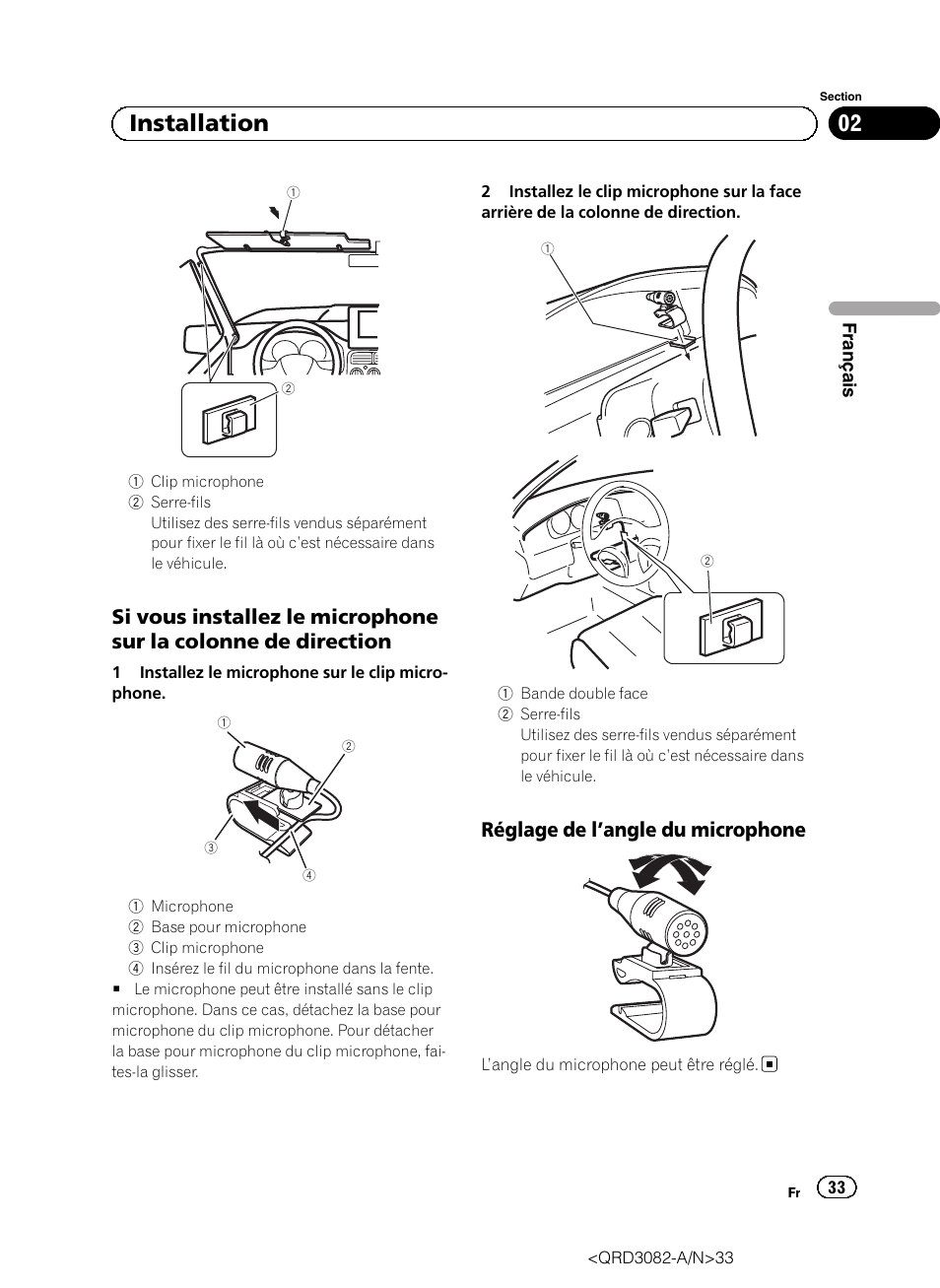 02 installation, Réglage de l ’angle du microphone | Pioneer AVH P4300DVD User Manual | Page 33 / 100
