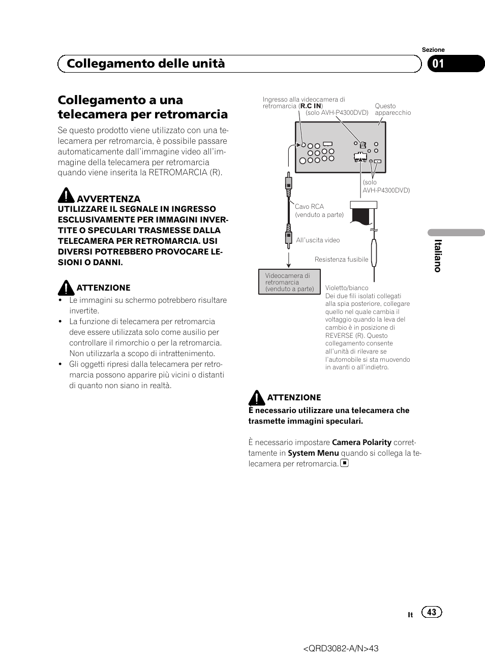 Collegamento a una telecamera per retromarcia, 01 collegamento delle unità | Pioneer AVH P4300DVD User Manual | Page 43 / 100