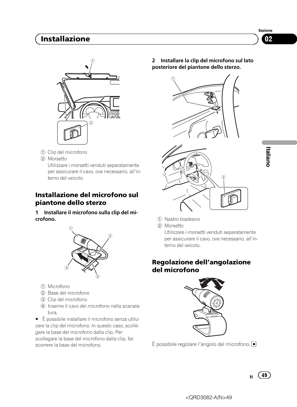 02 installazione, Regolazione dell ’angolazione del microfono | Pioneer AVH P4300DVD User Manual | Page 49 / 100