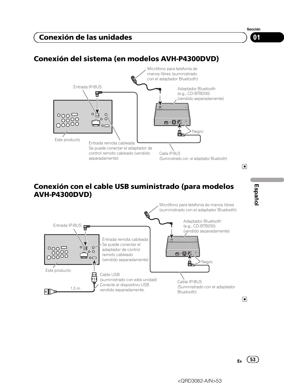 Conexión del sistema (en modelos avh-p4300dvd), 01 conexión de las unidades | Pioneer AVH P4300DVD User Manual | Page 53 / 100