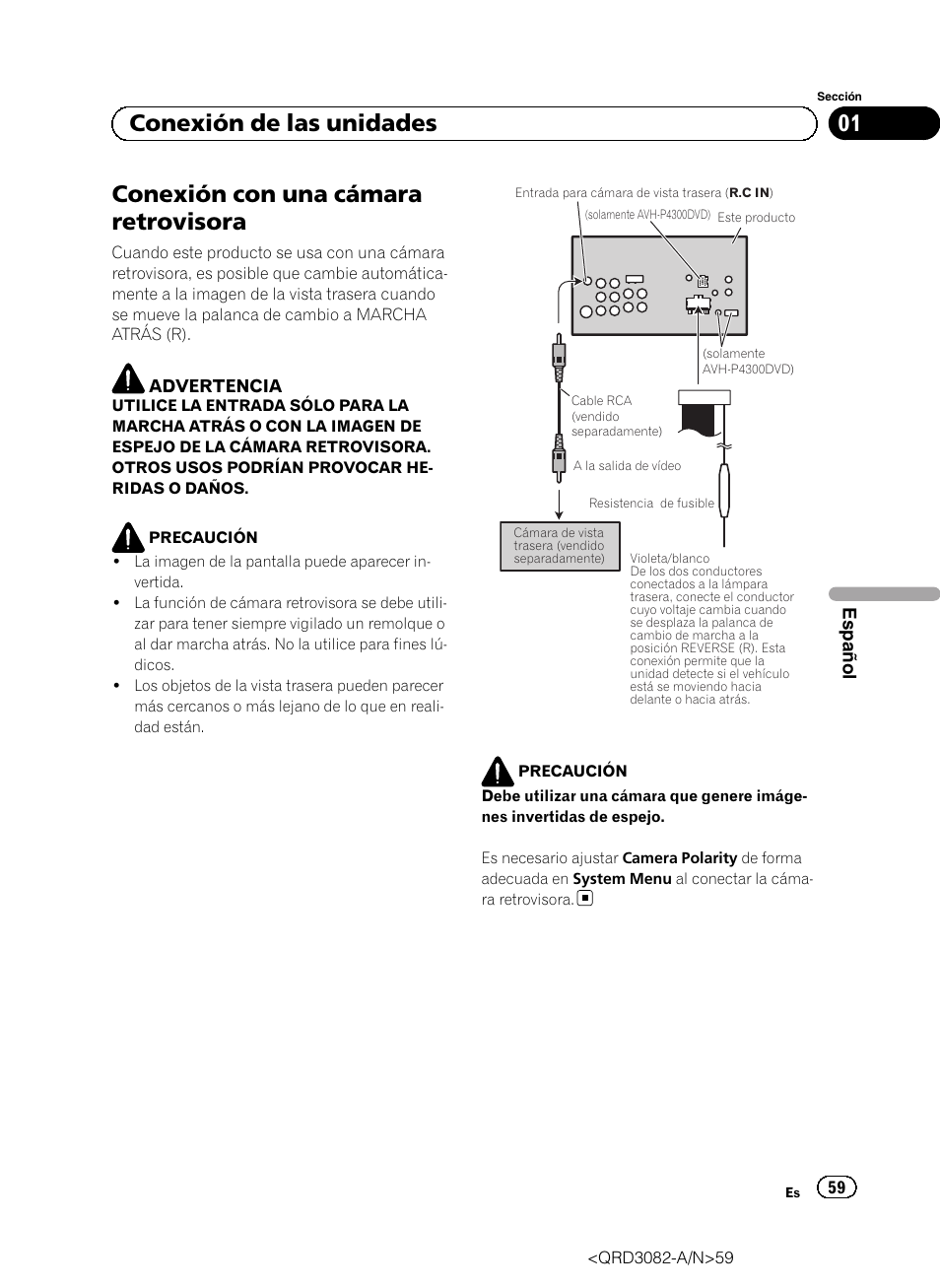 Conexión con una cámara retrovisora, 01 conexión de las unidades | Pioneer AVH P4300DVD User Manual | Page 59 / 100