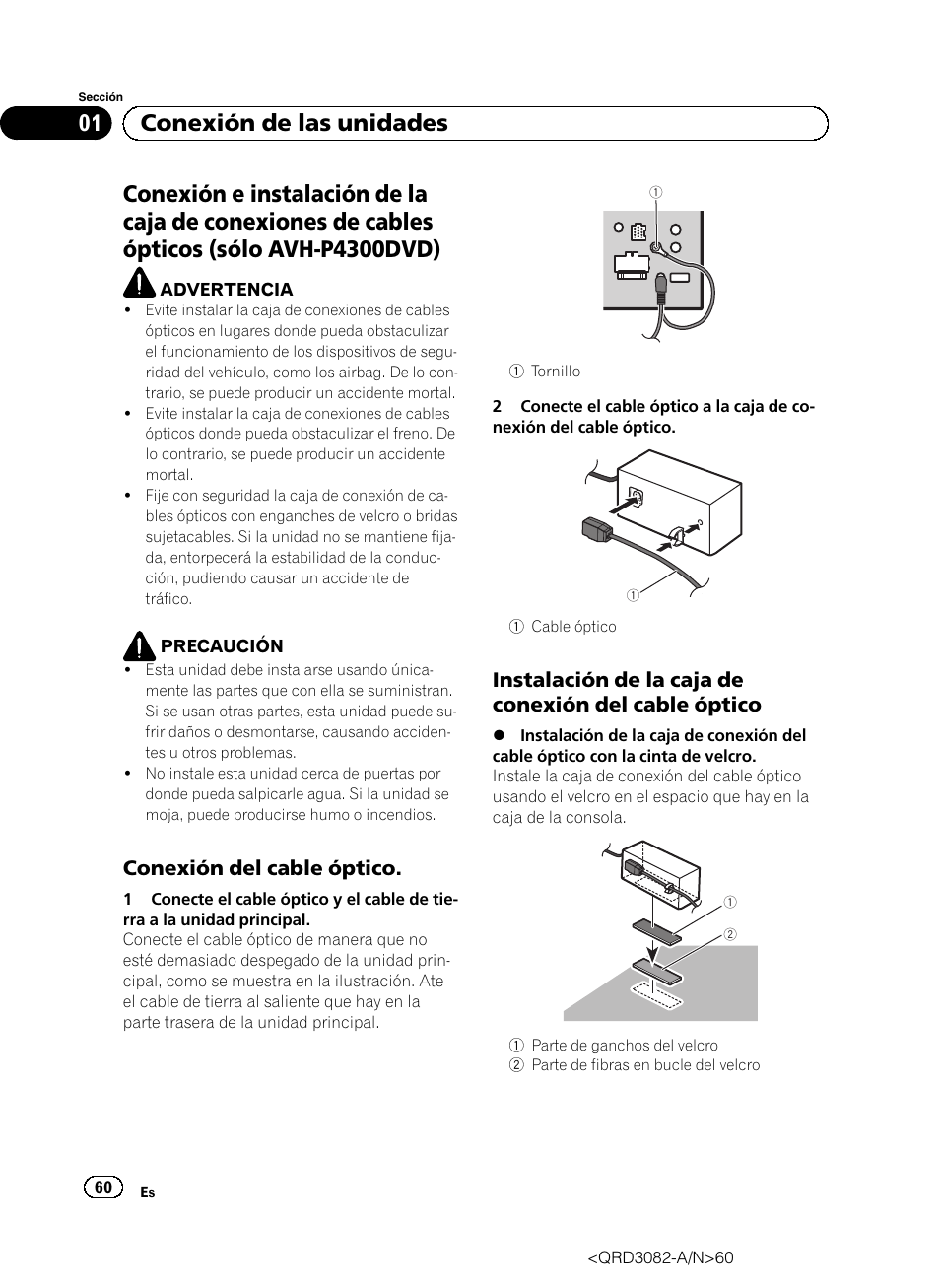 01 conexión de las unidades, Conexión del cable óptico | Pioneer AVH P4300DVD User Manual | Page 60 / 100