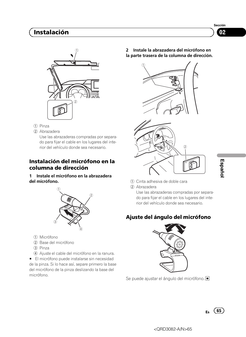 02 instalación, Ajuste del ángulo del micrófono | Pioneer AVH P4300DVD User Manual | Page 65 / 100