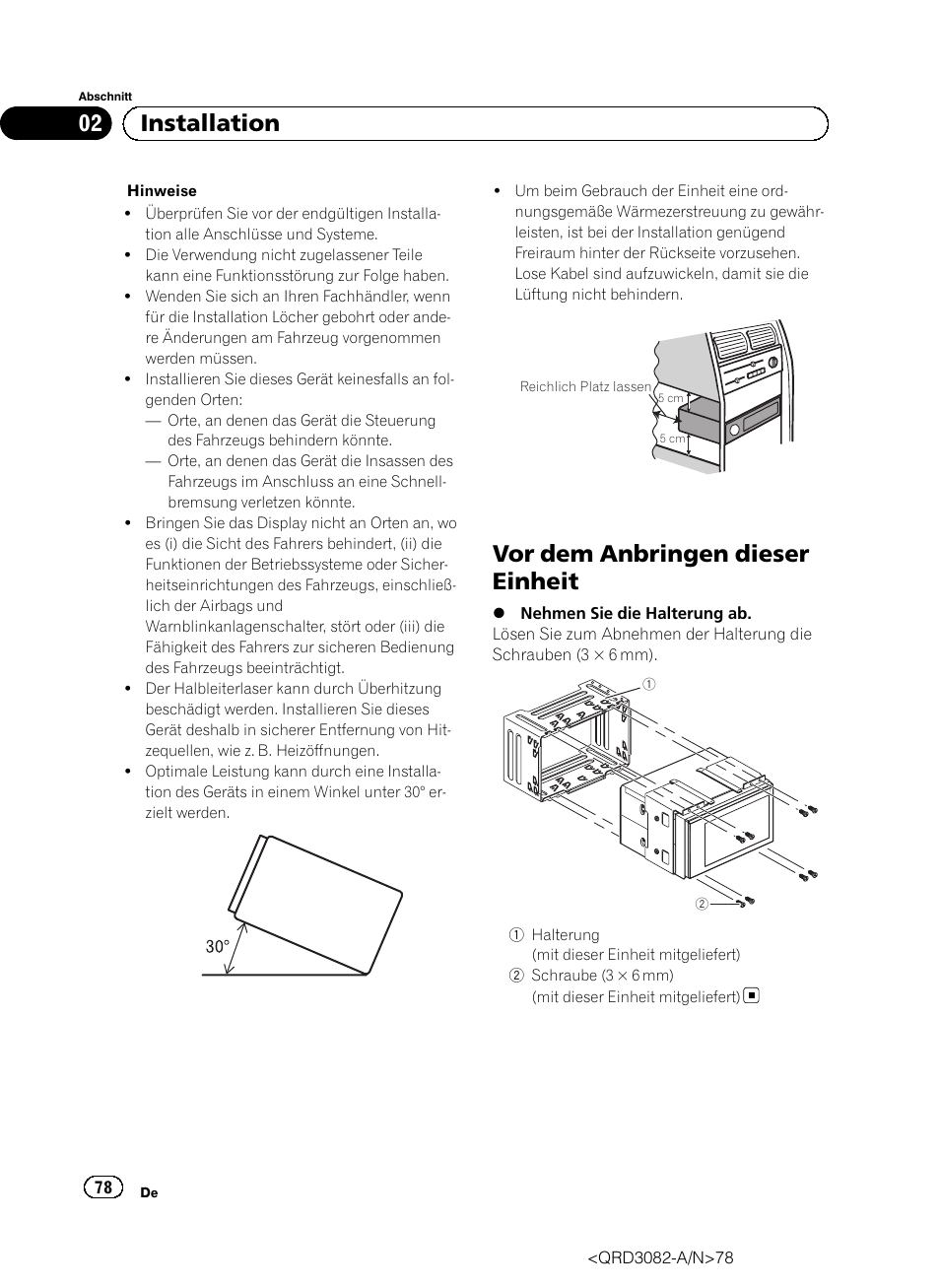 Vor dem anbringen dieser einheit, 02 installation | Pioneer AVH P4300DVD User Manual | Page 78 / 100