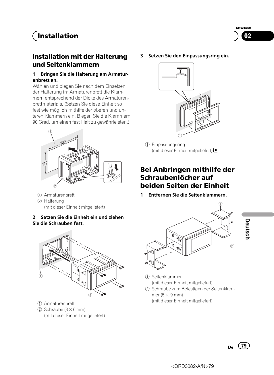 Installation mit der halterung und seitenklammern, 02 installation | Pioneer AVH P4300DVD User Manual | Page 79 / 100