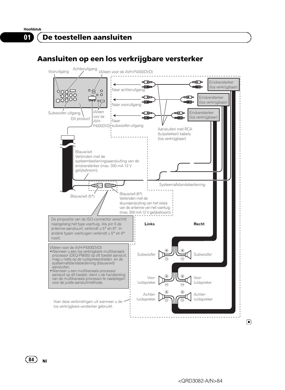 Aansluiten op een los verkrijgbare versterker, 01 de toestellen aansluiten | Pioneer AVH P4300DVD User Manual | Page 84 / 100