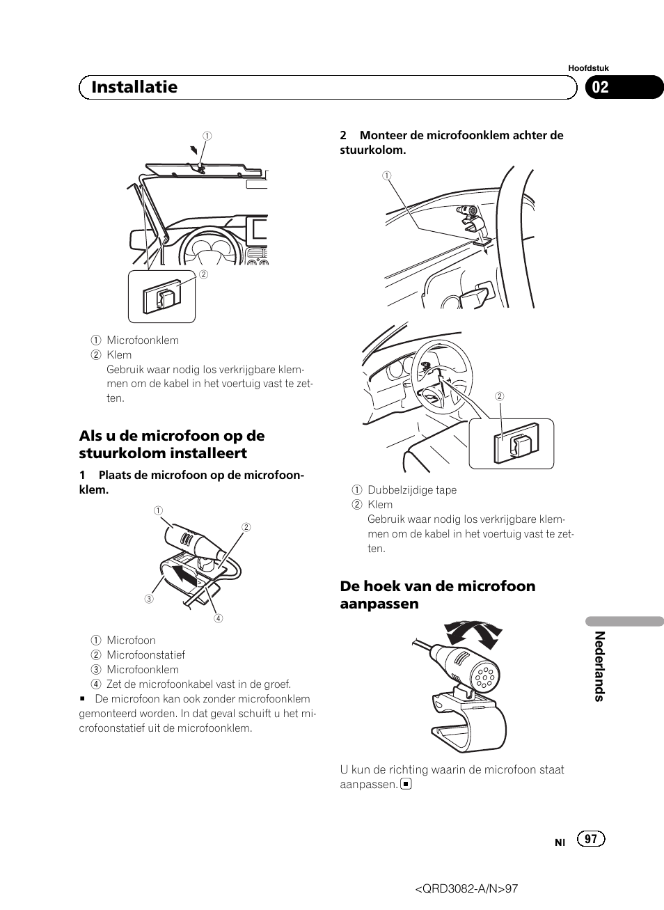 02 installatie, Als u de microfoon op de stuurkolom installeert, De hoek van de microfoon aanpassen | Pioneer AVH P4300DVD User Manual | Page 97 / 100