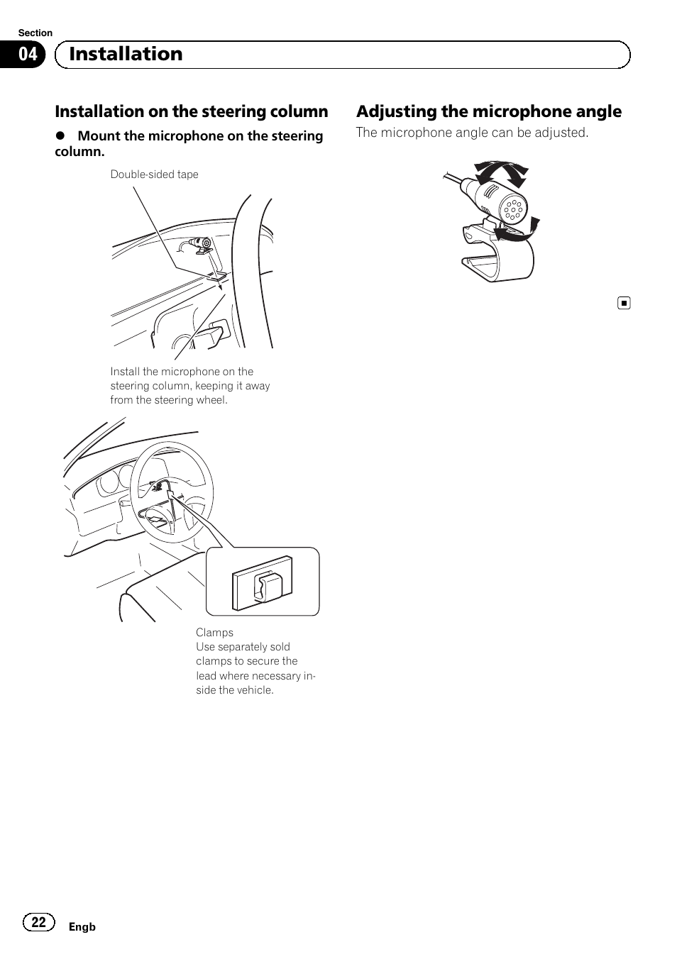 Installation on the steering column 22, Adjusting the microphone angle 22, 04 installation | Installation on the steering column, Adjusting the microphone angle | Pioneer AVIC-F320BT User Manual | Page 22 / 144