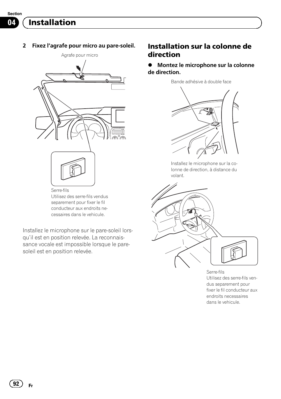 Installation sur la colonne de, Direction, 04 installation | Installation sur la colonne de direction | Pioneer AVIC-F320BT User Manual | Page 92 / 144