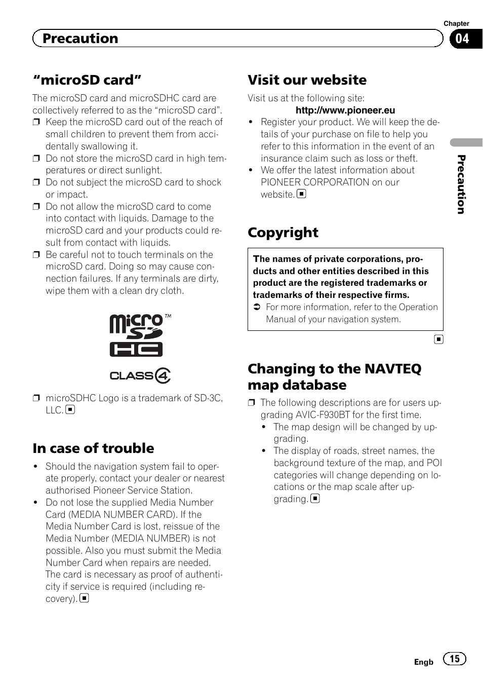 Microsd card” 15 in case of trouble, Visit our website, Copyright | Changing to the navteq map database, Microsd card, Precaution | Pioneer AVIC-F930BT User Manual | Page 15 / 28