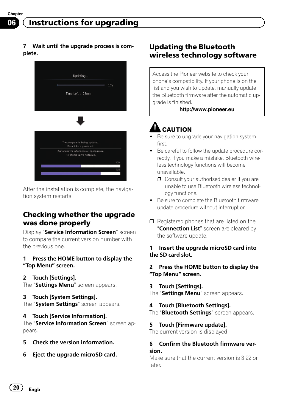 Checking whether the upgrade was, Done properly, Updating the bluetooth wireless | Technology software, 06 instructions for upgrading, Checking whether the upgrade was done properly | Pioneer AVIC-F930BT User Manual | Page 20 / 28