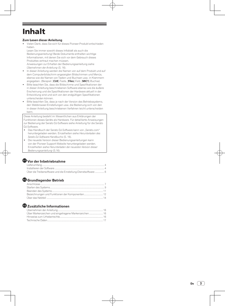 Dj controller, Vor gebrauch lesen (wichtig)/kurzanleitung, Inhalt | Pioneer DDJ-S1 User Manual | Page 43 / 124