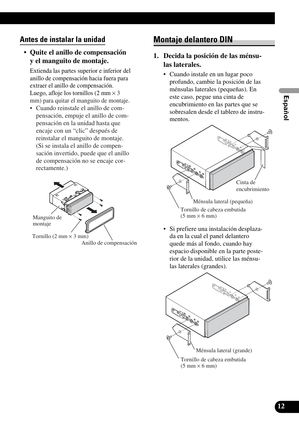 Montaje delantero din, Antes de instalar la unidad | Pioneer AVH-P5900DVD User Manual | Page 27 / 86