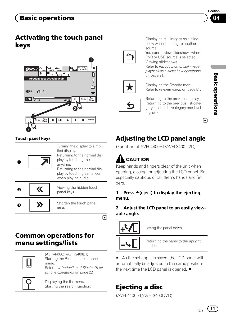 Activating the touch panel keys, Common operations for menu settings, Lists | Adjusting the lcd panel angle, Ejecting a disc, Common operations for menu settings/lists, Basic operations, Caution | Pioneer AVH-3400DVD User Manual | Page 11 / 76