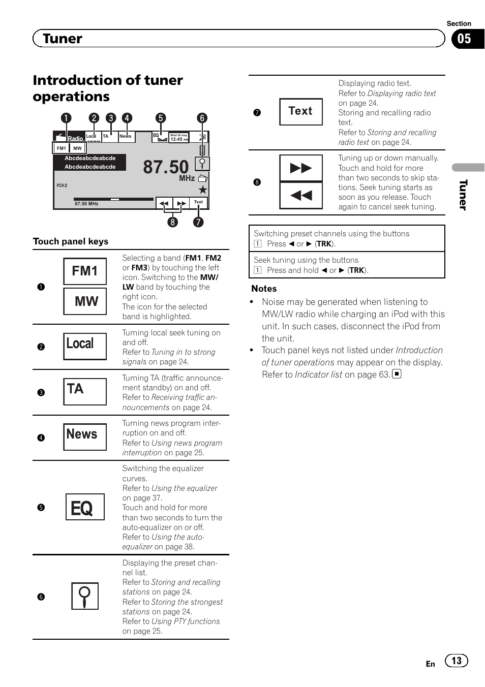 Tuner introduction of tuner operations, Introduction of tuner operations, Fm1 mw | Tuner | Pioneer AVH-3400DVD User Manual | Page 13 / 76