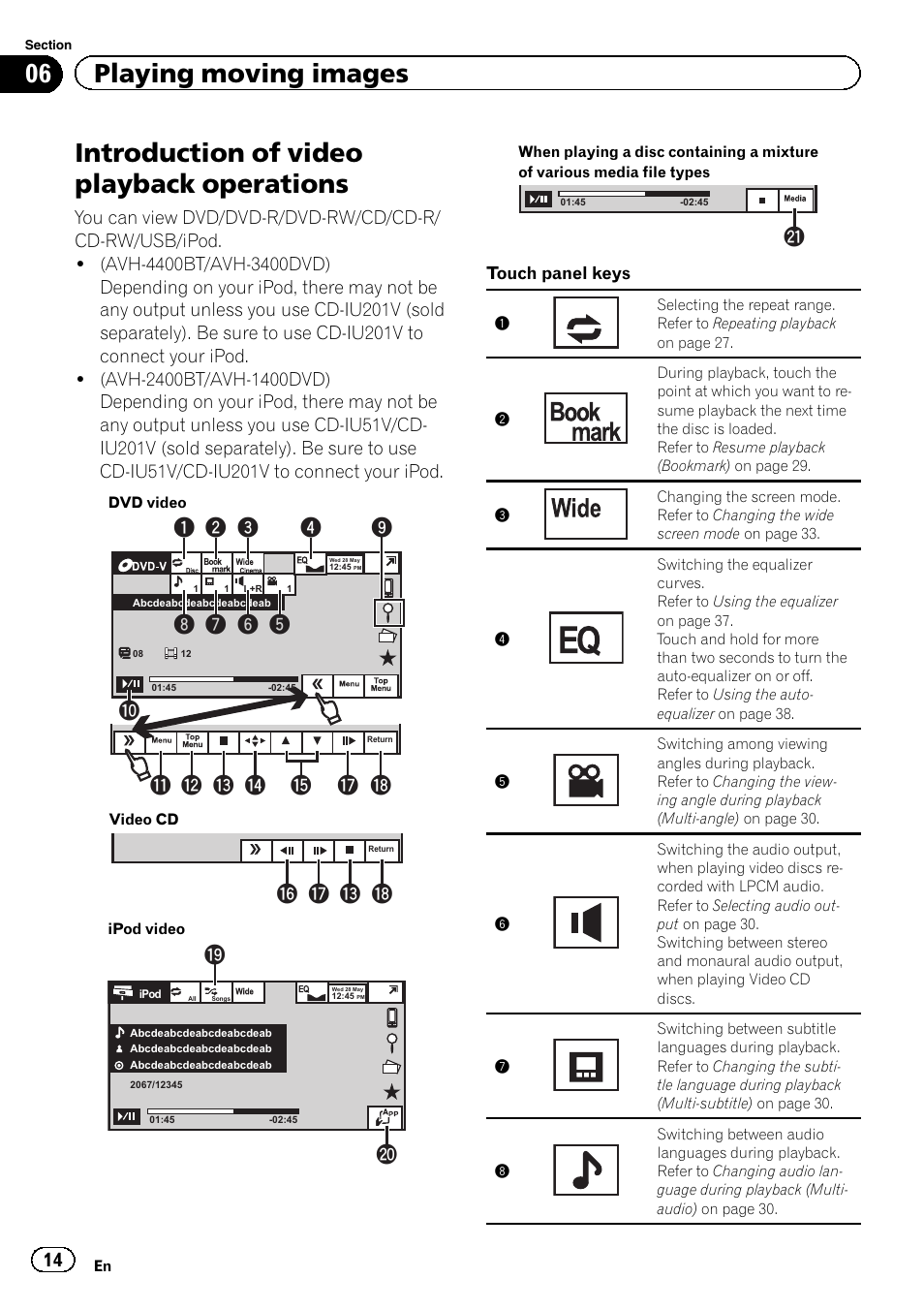 Operations, Introduction of video playback operations, 06 playing moving images | Ih d g | Pioneer AVH-3400DVD User Manual | Page 14 / 76