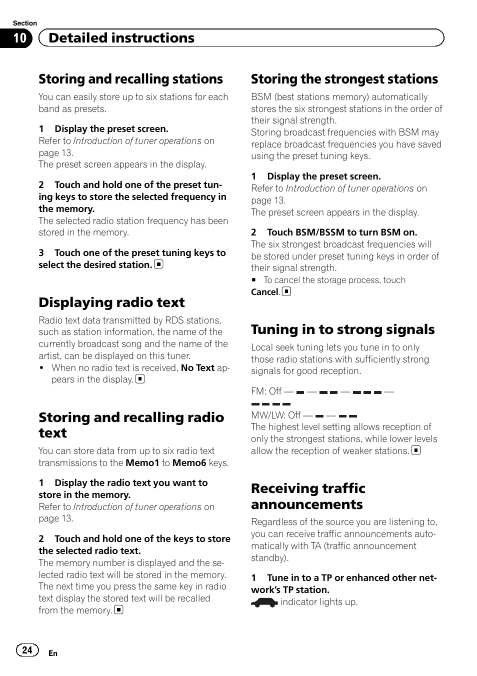 Displaying radio text, Storing and recalling radio text, Storing the strongest stations | Tuning in to strong signals, Receiving traffic announcements, Storing and recalling stations, 10 detailed instructions | Pioneer AVH-3400DVD User Manual | Page 24 / 76