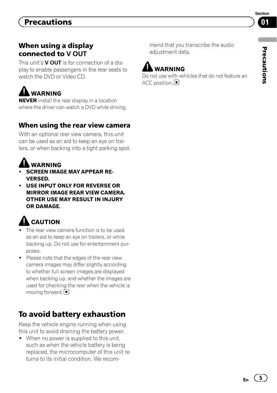 To avoid battery exhaustion, Precautions | Pioneer AVH-3400DVD User Manual | Page 5 / 76